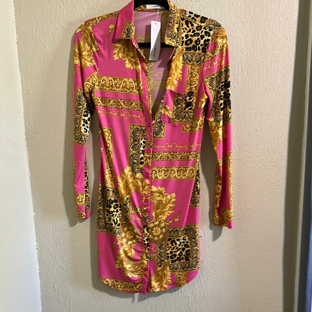 Pink and Gold Patterned Shirt Dress
